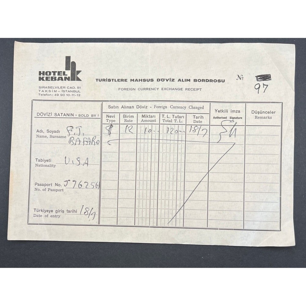 Vintage Hotel Kebank Receipt 1960s Istanbul Turkey Foreign Currency Receipt 1968